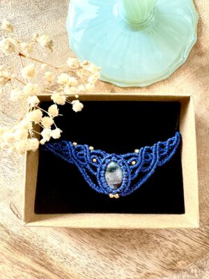 Bracelet macramé fait main avec agate noire naturelle et perles acier inoxydable